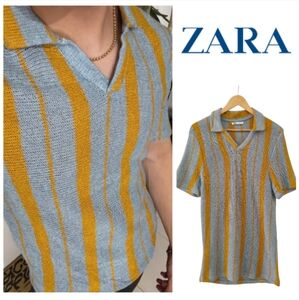 Zara Men Knit Polo with Blue and Yellow Stripes. Size M
